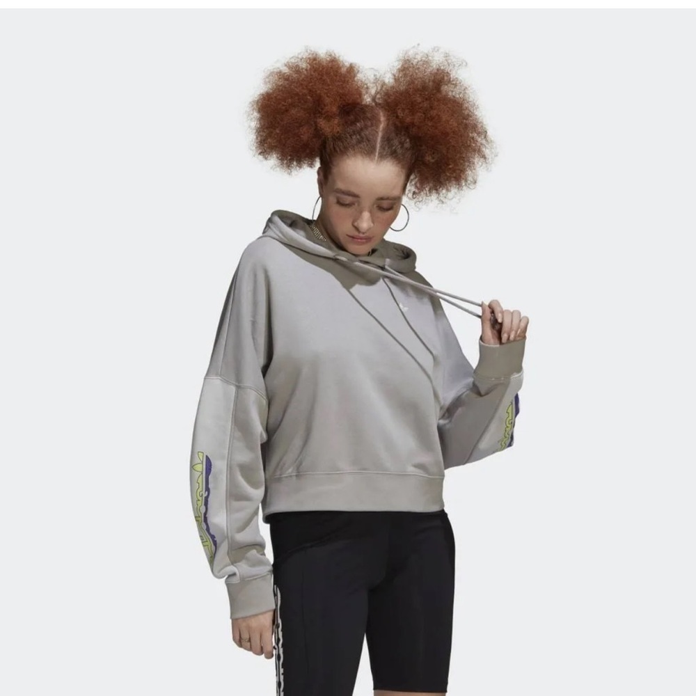ADIDAS NWT cropped grey thin cropped two tone print sleeve hoodie size XL